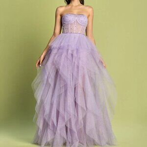 Lilac Purple Sequined Glitter Strapless Tulle Formal Prom Evening Dress 2
